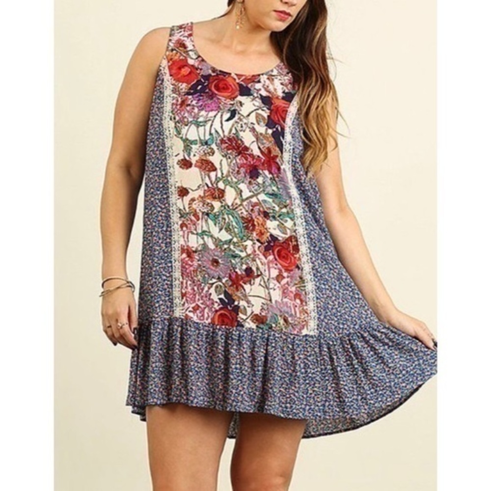 Umgee Boho Chic Sleeveless Floral Dress Lace Back